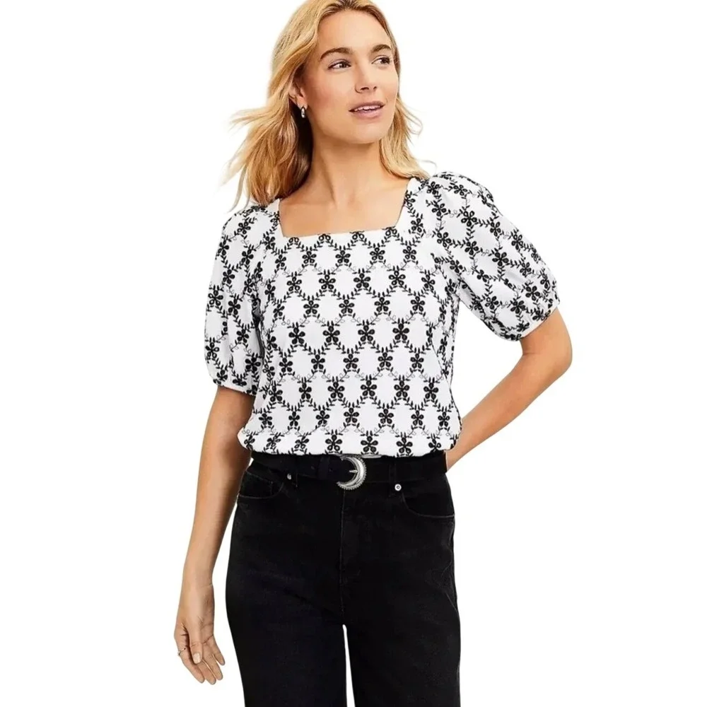 LOFT Womens XS White Black Eyelet Embroidered Puff Sleeve Square Neck Top 586416